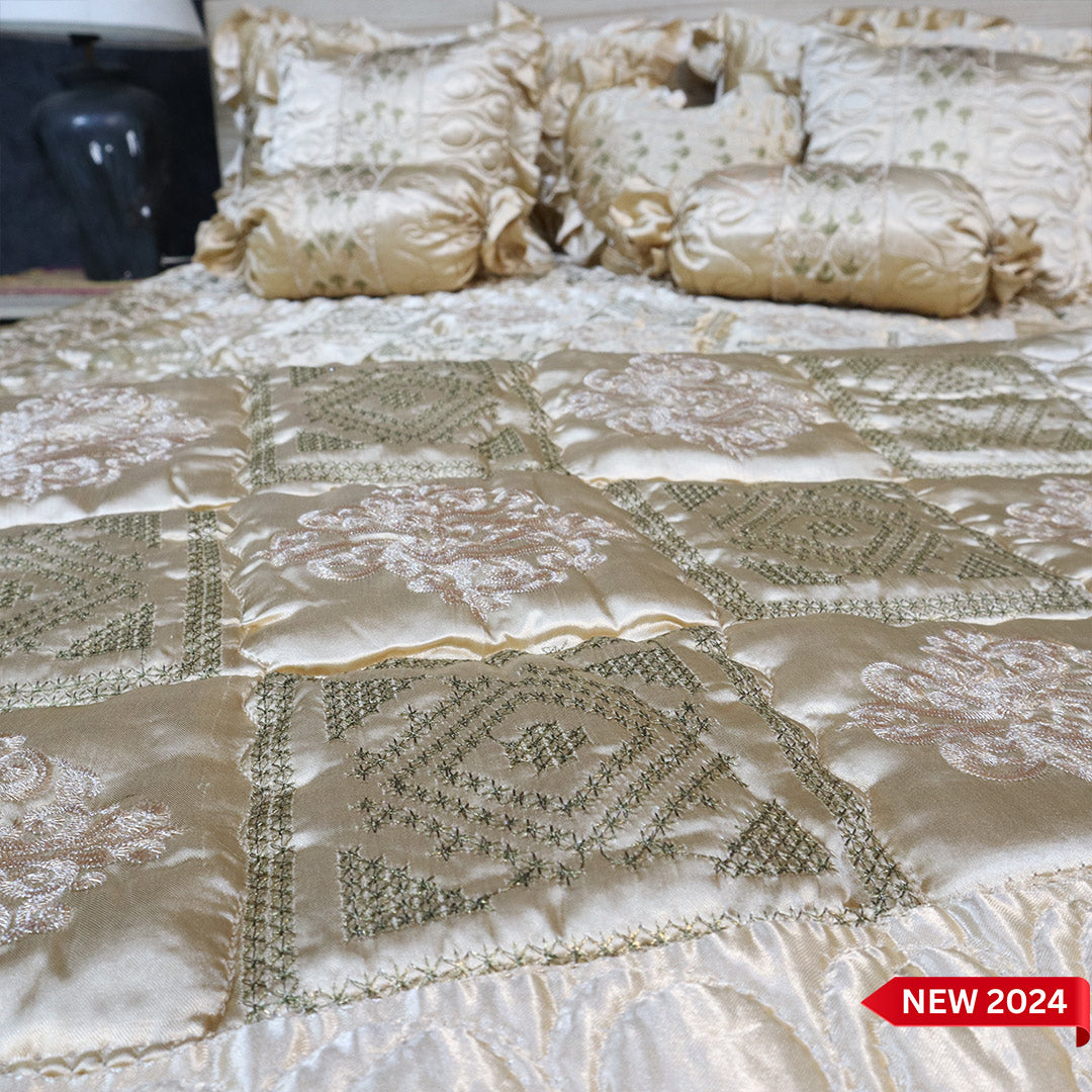 Ruby Silk 9 Pieces Embroidered Bed Set-Golden