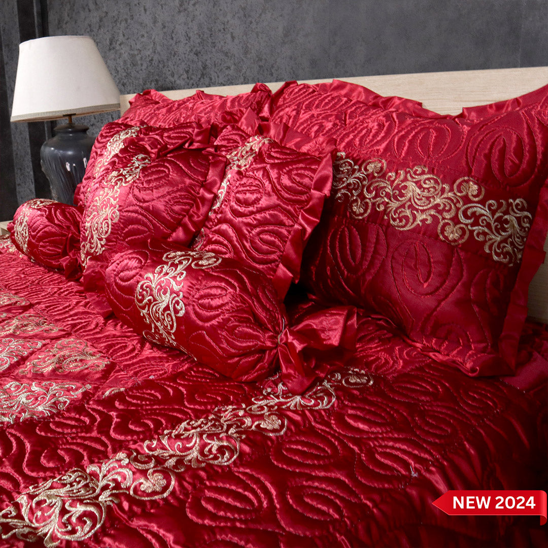 Ruby Silk 9 Pieces Embroidered Bed Set- Deep Maroon