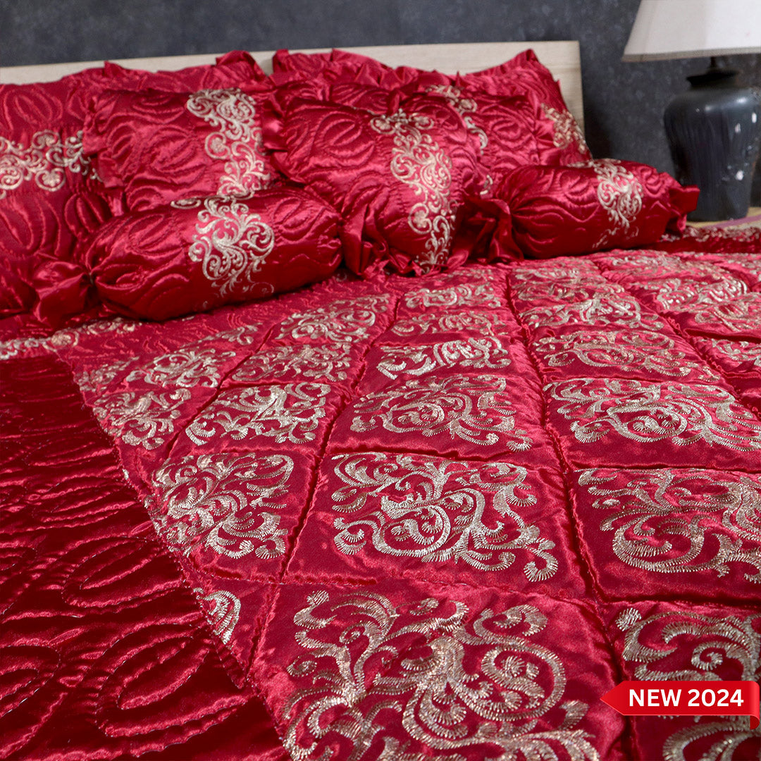 Ruby Silk 9 Pieces Embroidered Bed Set- Deep Maroon