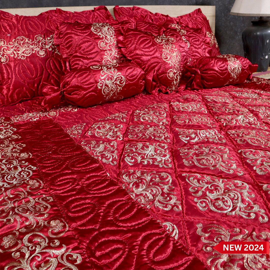 Ruby Silk 9 Pieces Embroidered Bed Set- Deep Maroon