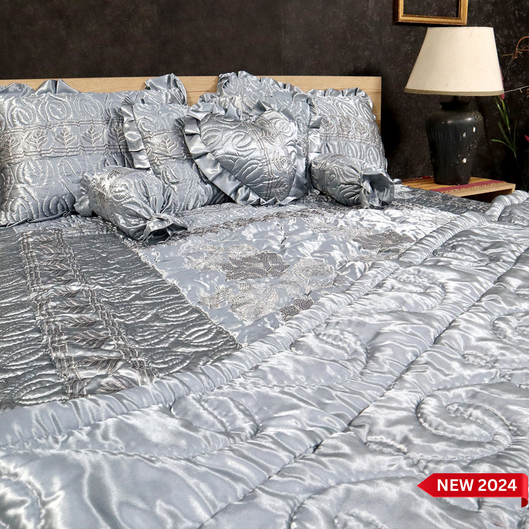 Ruby Silk 9 Pieces Embroidered Bed Set- Silver