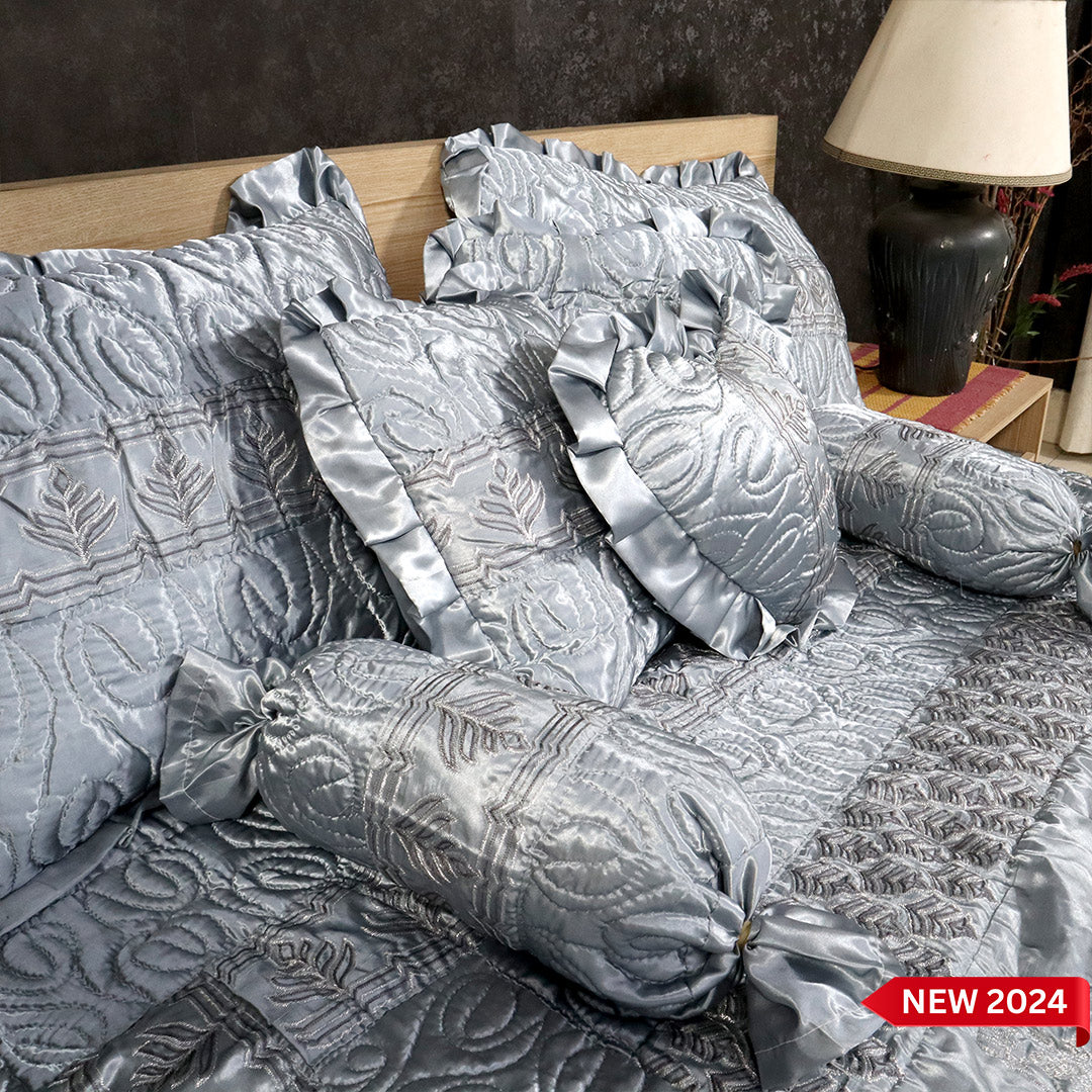 Ruby Silk 9 Pieces Embroidered Bed Set- Silver