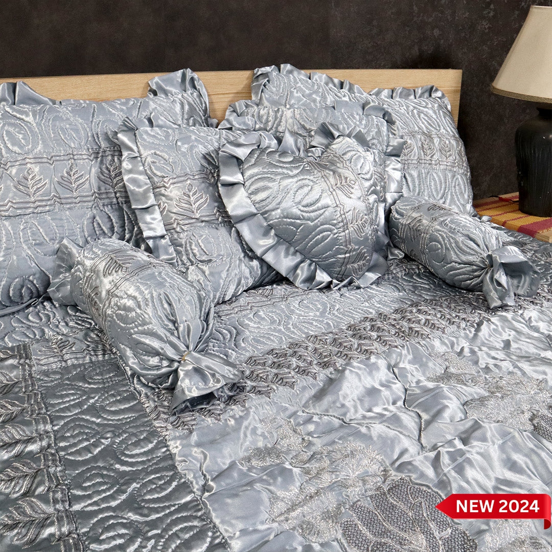 Ruby Silk 9 Pieces Embroidered Bed Set- Silver