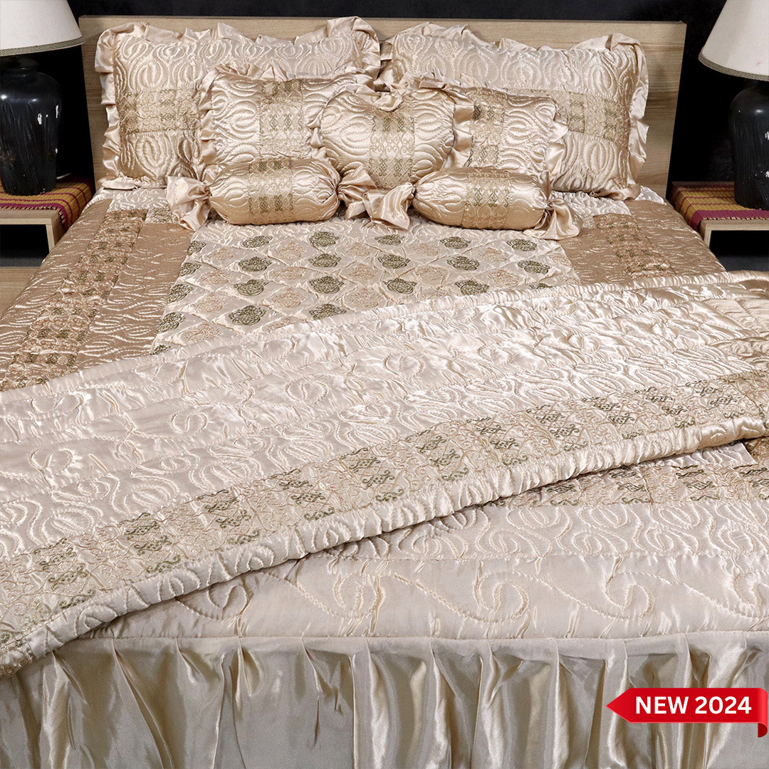 Ruby Silk 9 Pieces Embroidered Bed Set- Gold