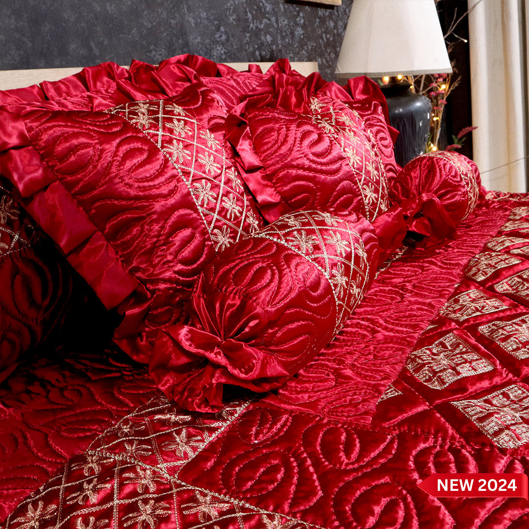 Ruby Silk 9 Pieces Embroidered Bed Set- Maroon