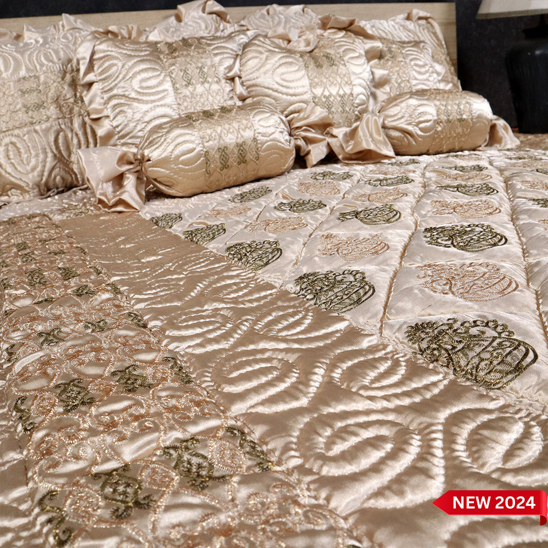 Ruby Silk 9 Pieces Embroidered Bed Set- Gold