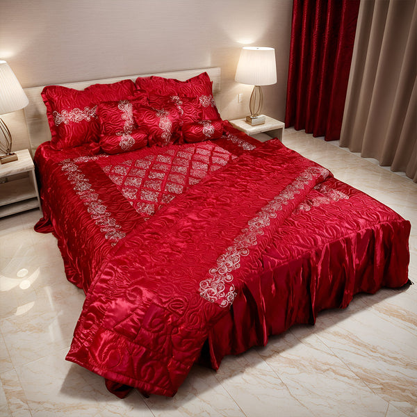 Ruby Silk 9 Pieces Embroidered Bed Set- Deep Maroon