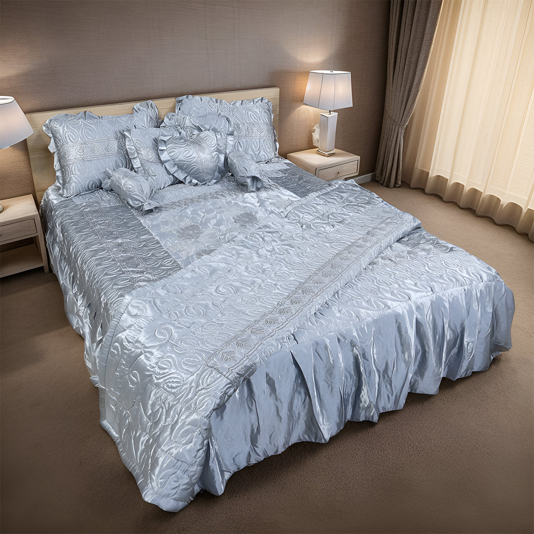 Ruby Silk 9 Pieces Embroidered Bed Set- Silver