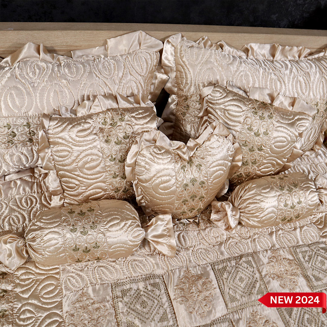 Ruby Silk 9 Pieces Embroidered Bed Set- Golden