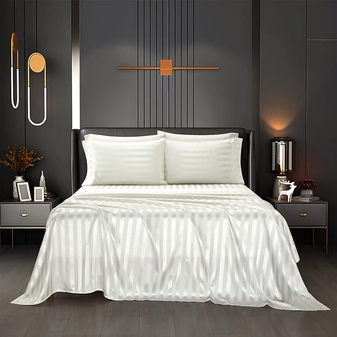 3 Pcs White Satin Stripe Bed Sheet