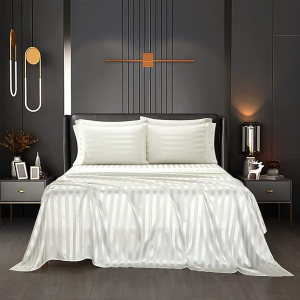 3 Pcs White Satin Stripe Bed Sheet