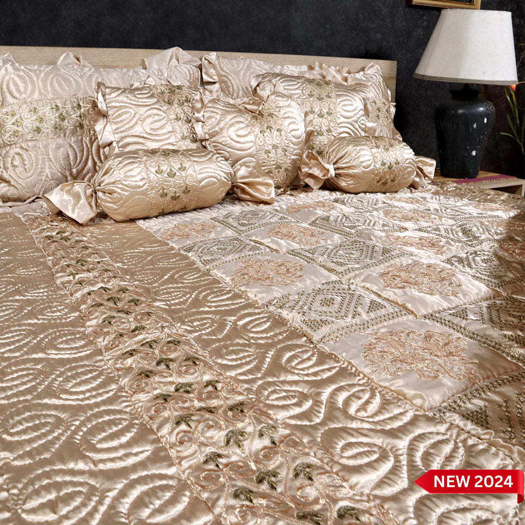 Ruby Silk 9 Pieces Embroidered Bed Set- Golden