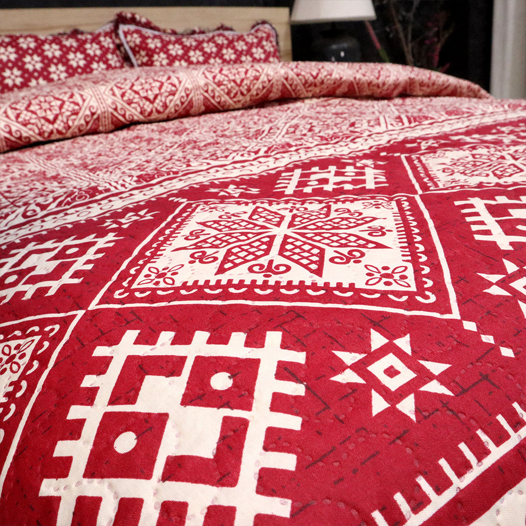 Luxe Printed Bed Spread-Maroon