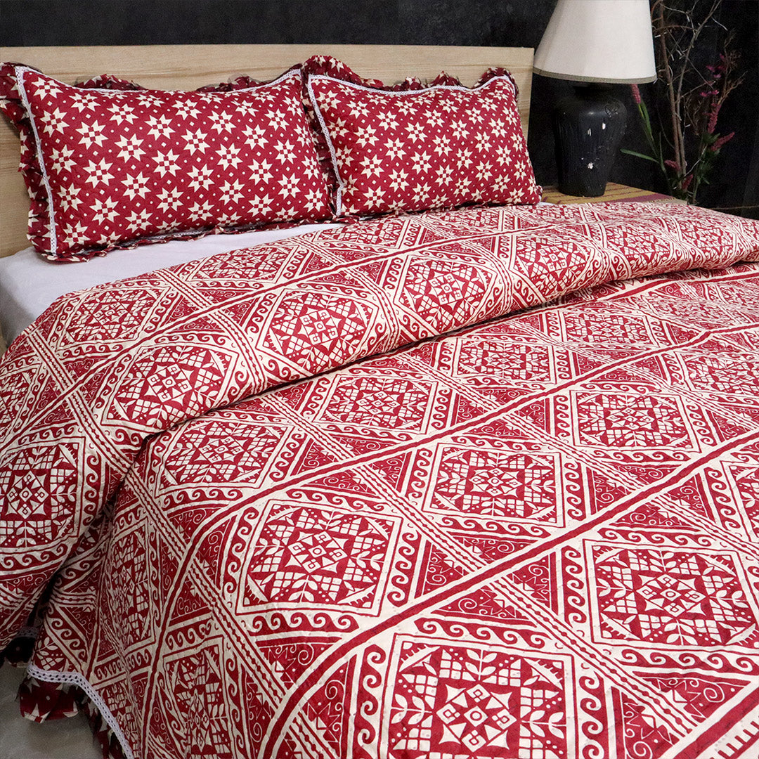 Luxe Printed Bed Spread-Maroon