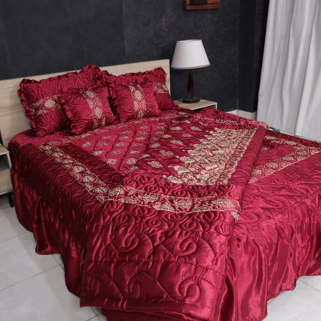 Ruby Silk 9 Pieces Embroidered Bed Set-Red