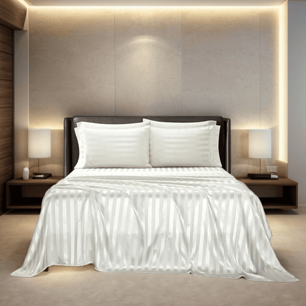 3 Pcs White Satin Stripe Bed Sheet