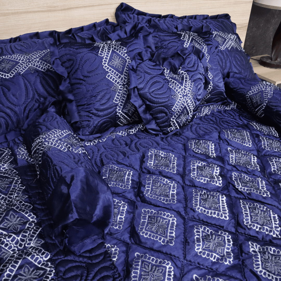 Ruby Silk 9 Pieces Embroidered Bed Set-Navy Blue