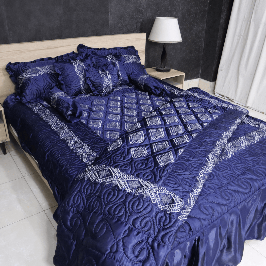 Ruby Silk 9 Pieces Embroidered Bed Set-Navy Blue