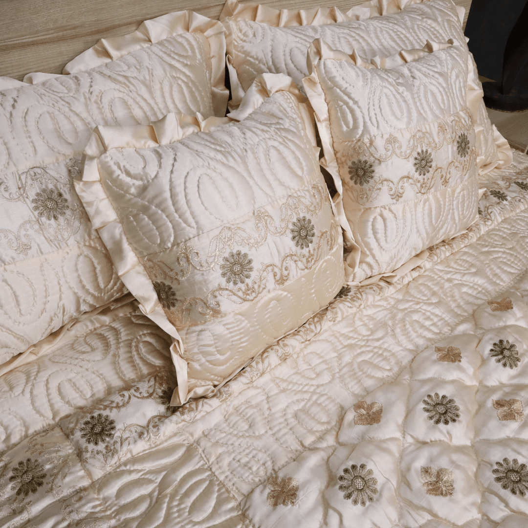 Ruby Silk 9 Pieces Embroidered Bed Set- Cream