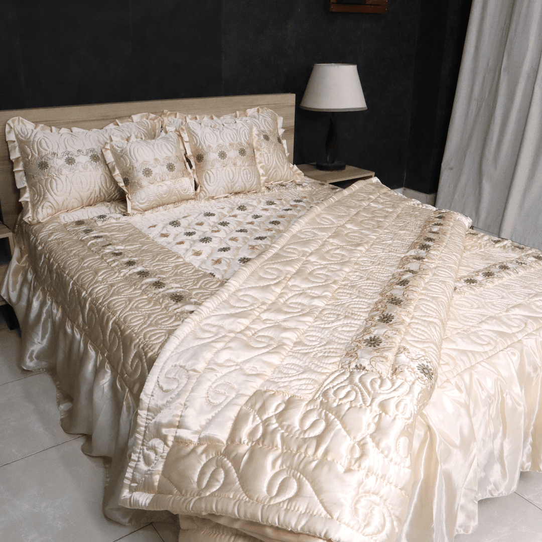 Ruby Silk 9 Pieces Embroidered Bed Set- Cream