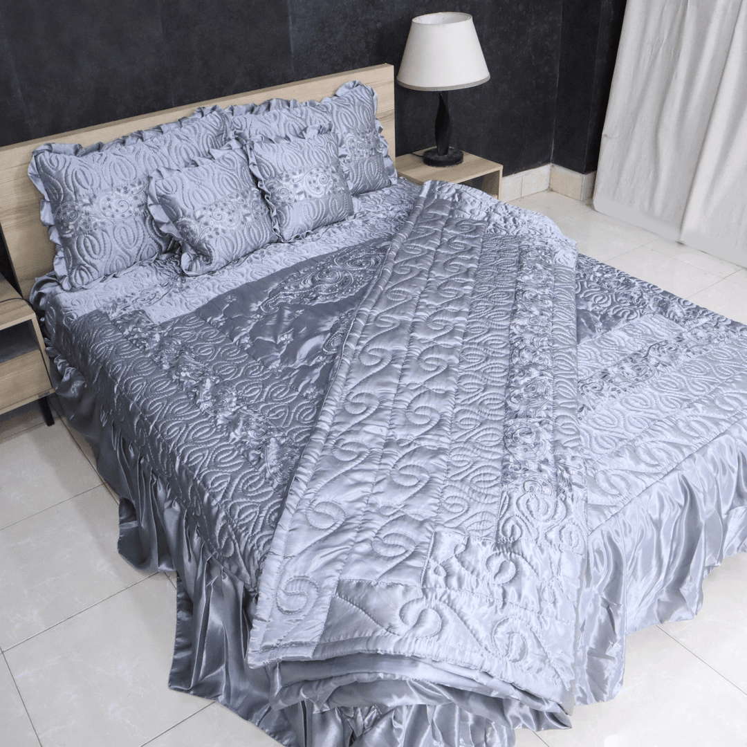 Ruby Silk 9 Pieces Embroidered Bed Set- Silver